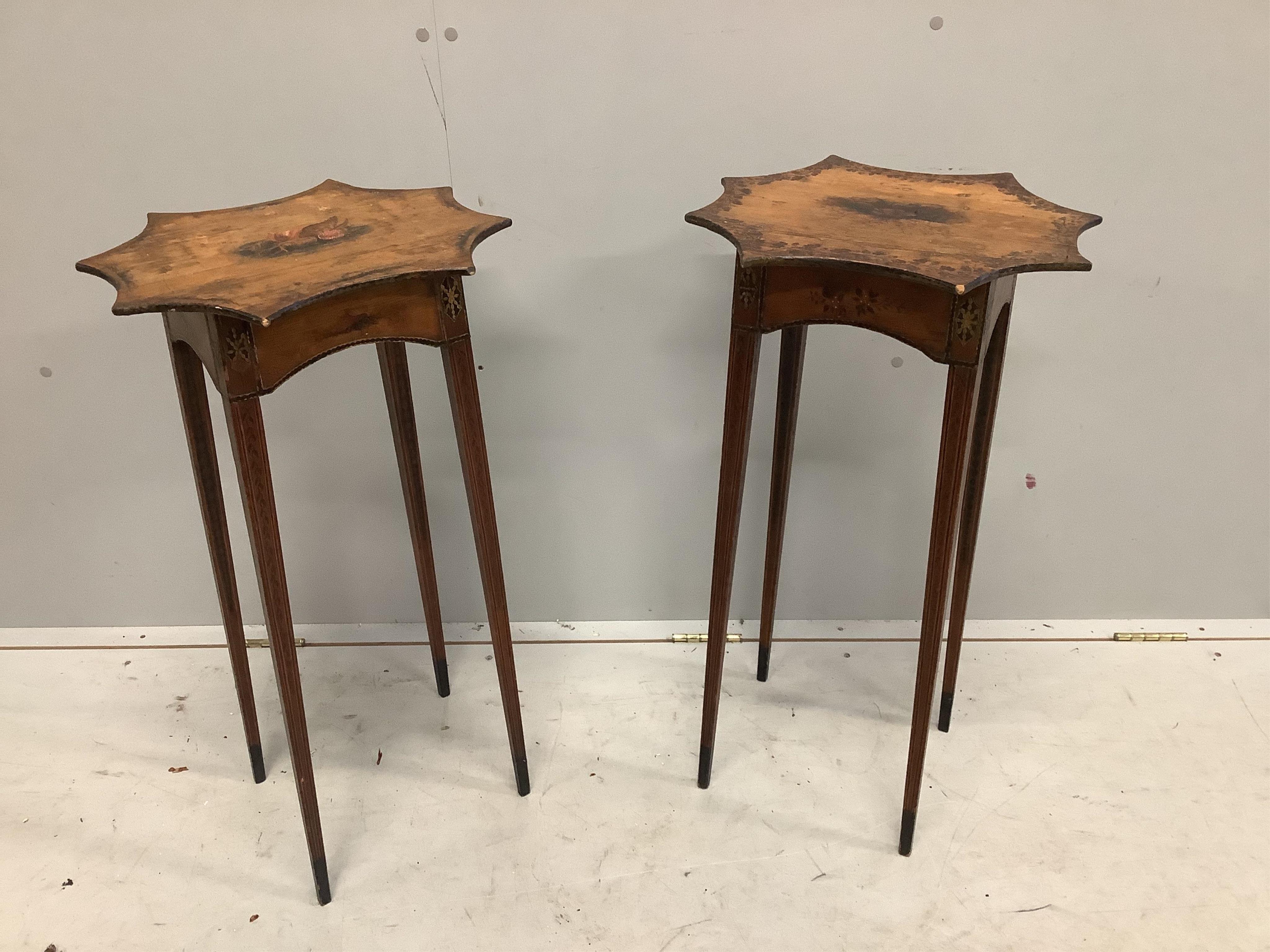 A pair of Sheraton Provincial painted pine stands, with shaped rectangular tops, width 40cm, depth 31cm, height 76cm. Condition - poor to fair